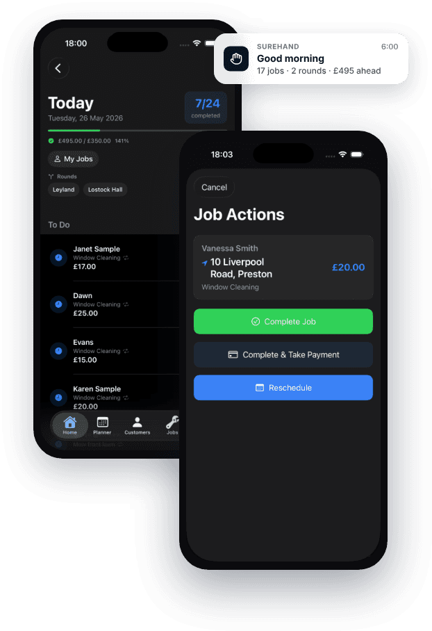 Surehand's app showing a window cleaner's round, jobs and payments on one screen